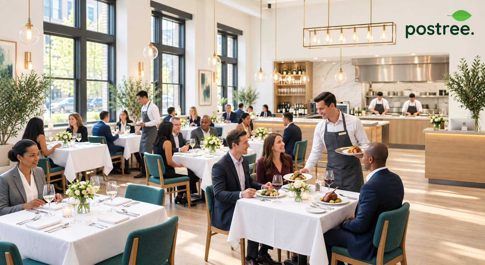 Guests dining in a busy restaurant while a server delivers plates