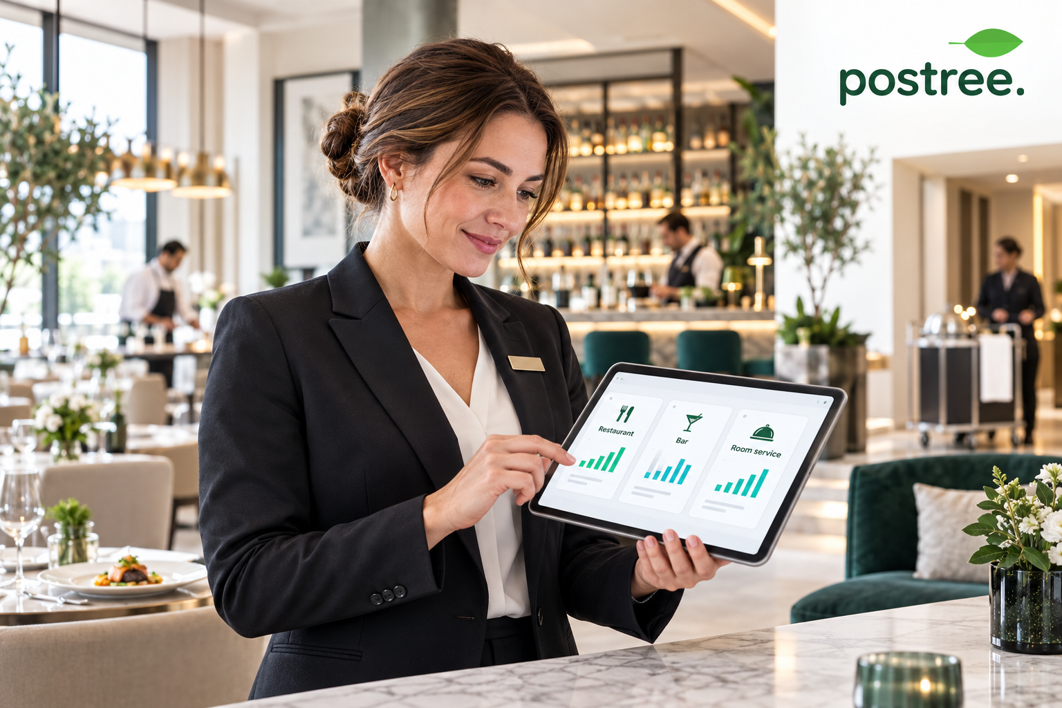 Hotel manager reviewing outlet performance on a tablet in an elegant lounge.
