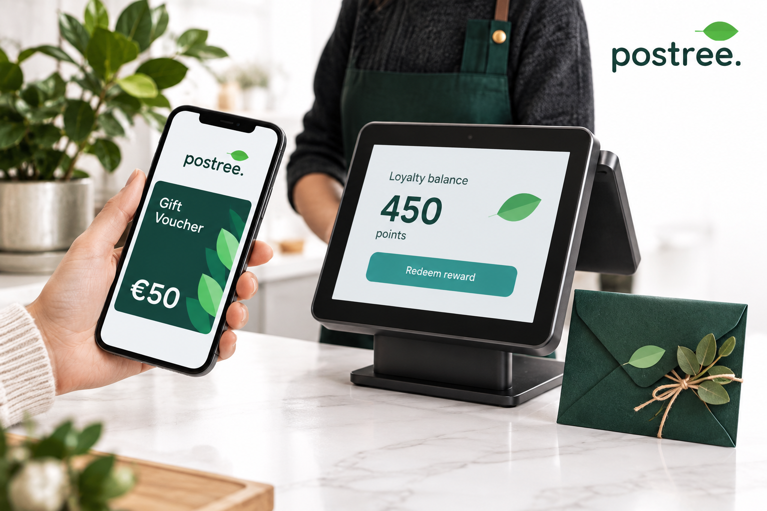 Postree digital gift voucher beside a loyalty balance on a till.