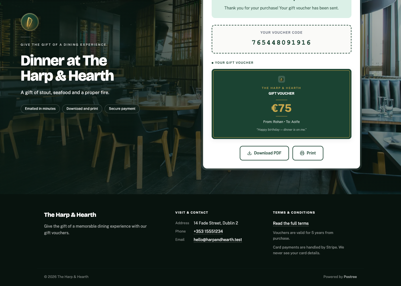 A restaurant's own branded gift voucher page with amount options and card designs