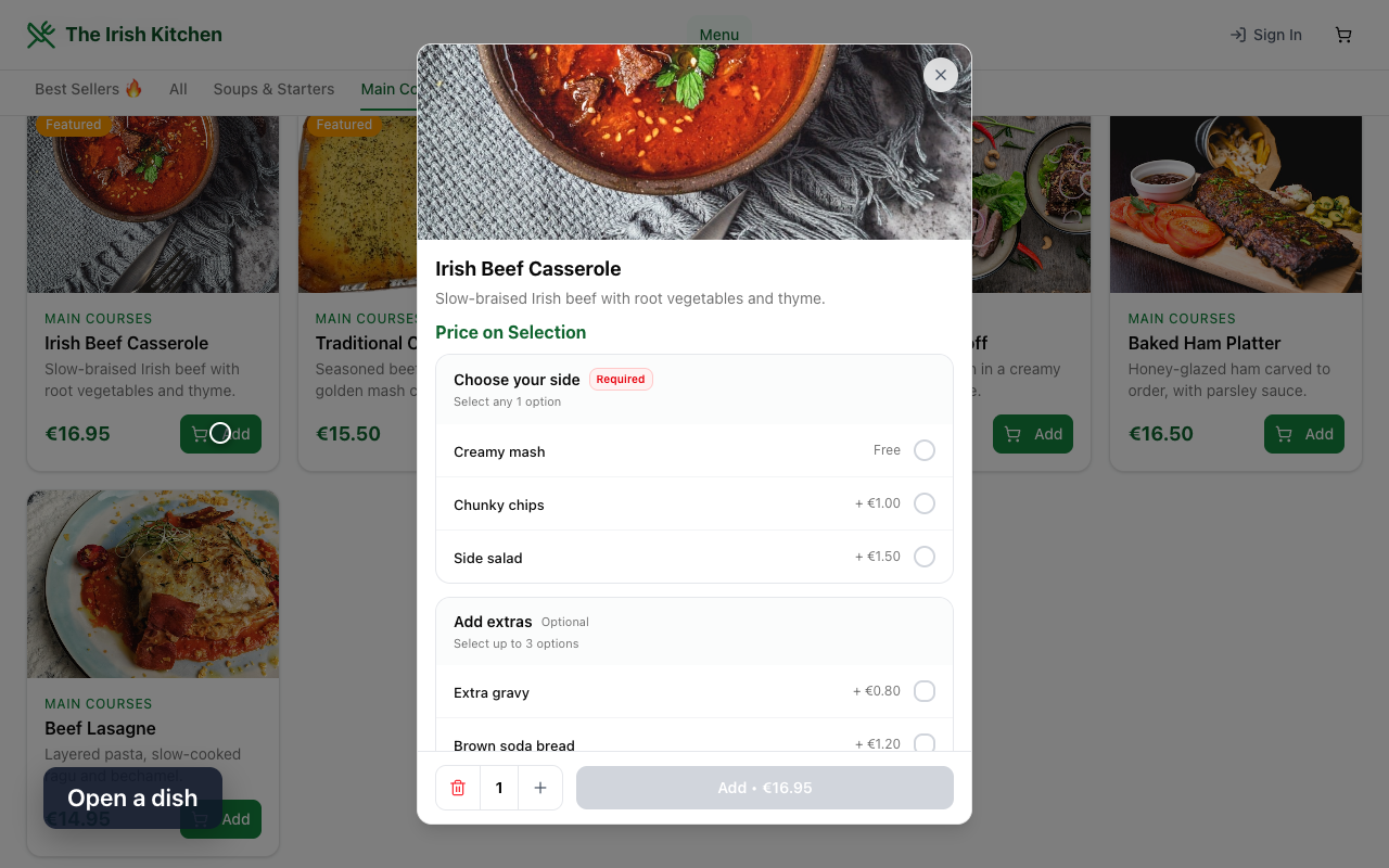 A menu item opened with options, the kind of dish you can share as a social post