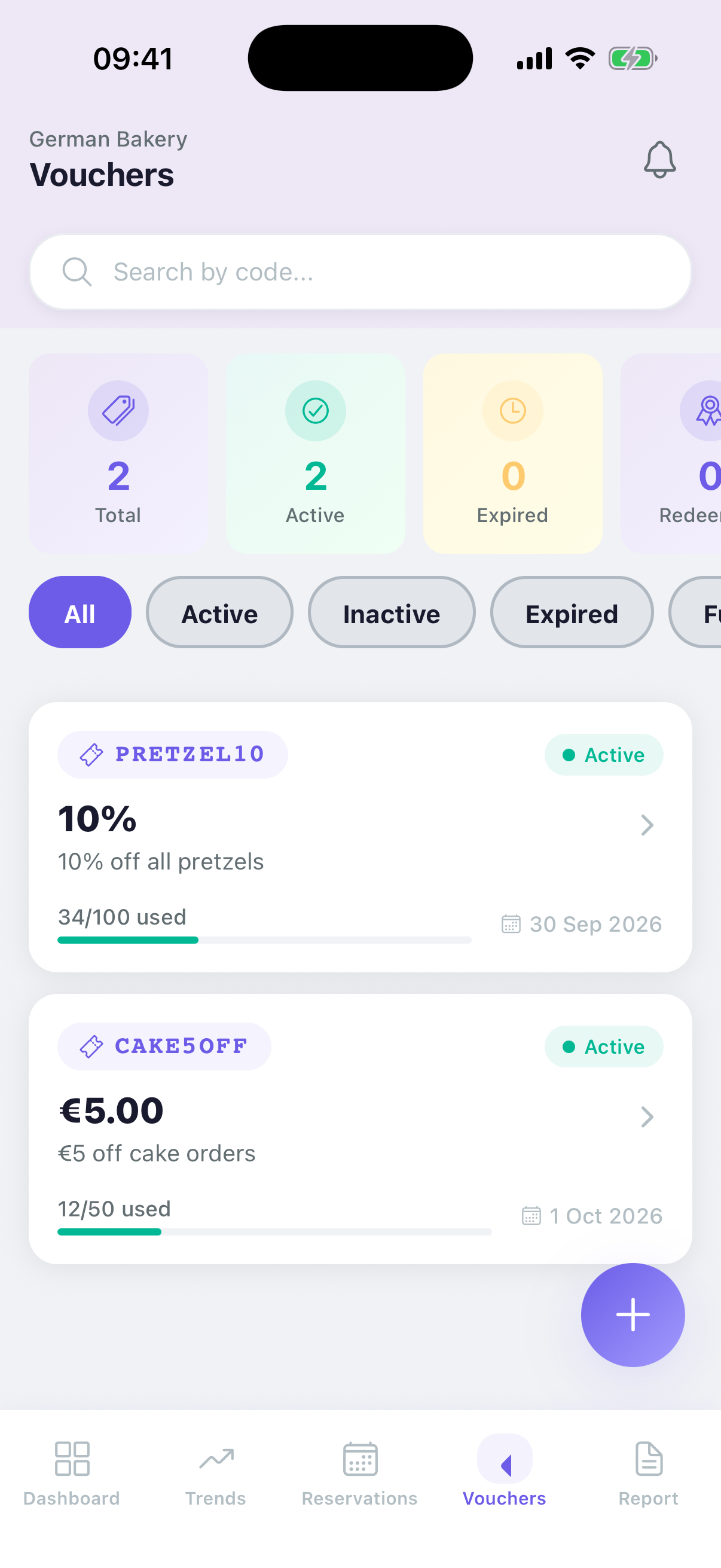OneView app Vouchers tab showing active and expired gift vouchers with their balances